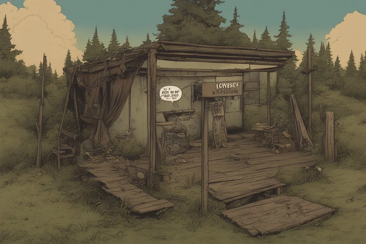 Lodge, administrative, overgrown, post-apocalyptic, comic book, camp site signs