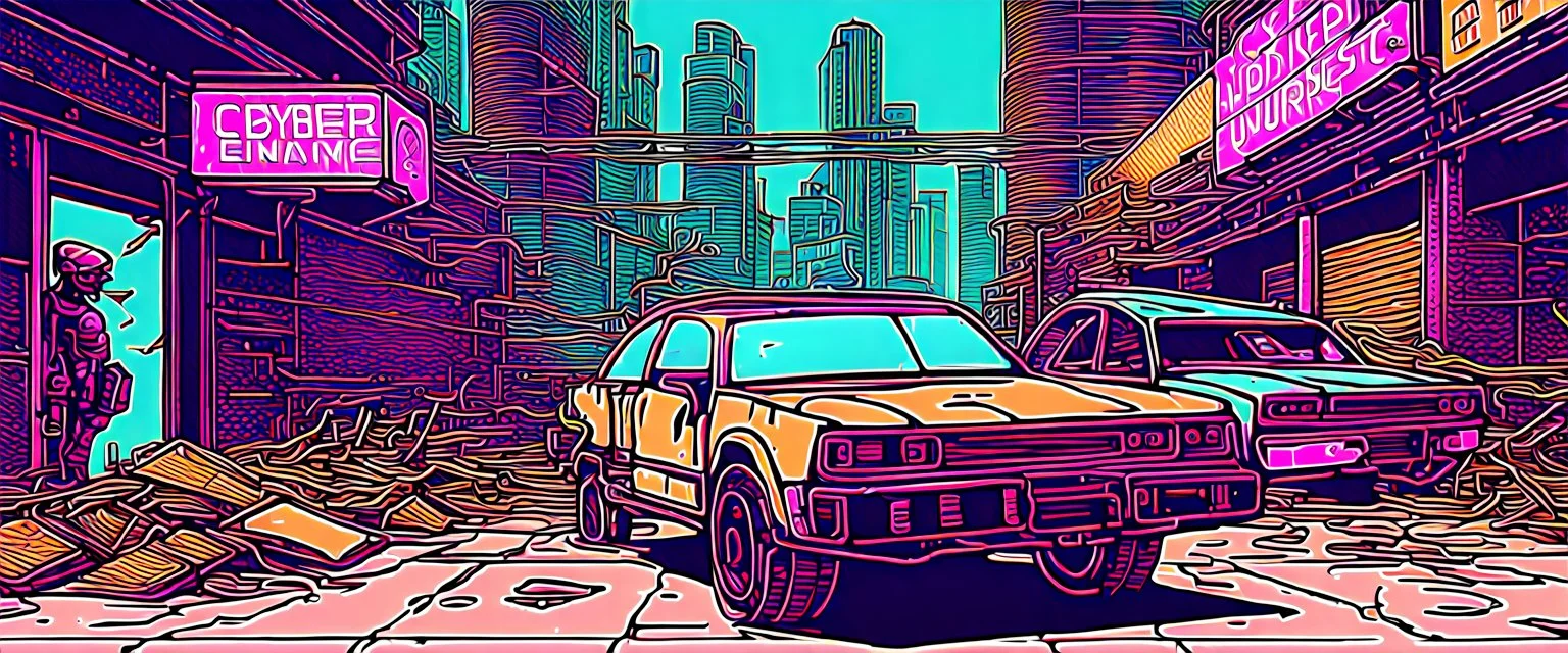 cybernetic enhancements, Solarpunk hacker cyborg, urban wasteland, neon sign, abandoned buildings, rusted cars, laptop, local database, grime, sweat, anamorphic lens.