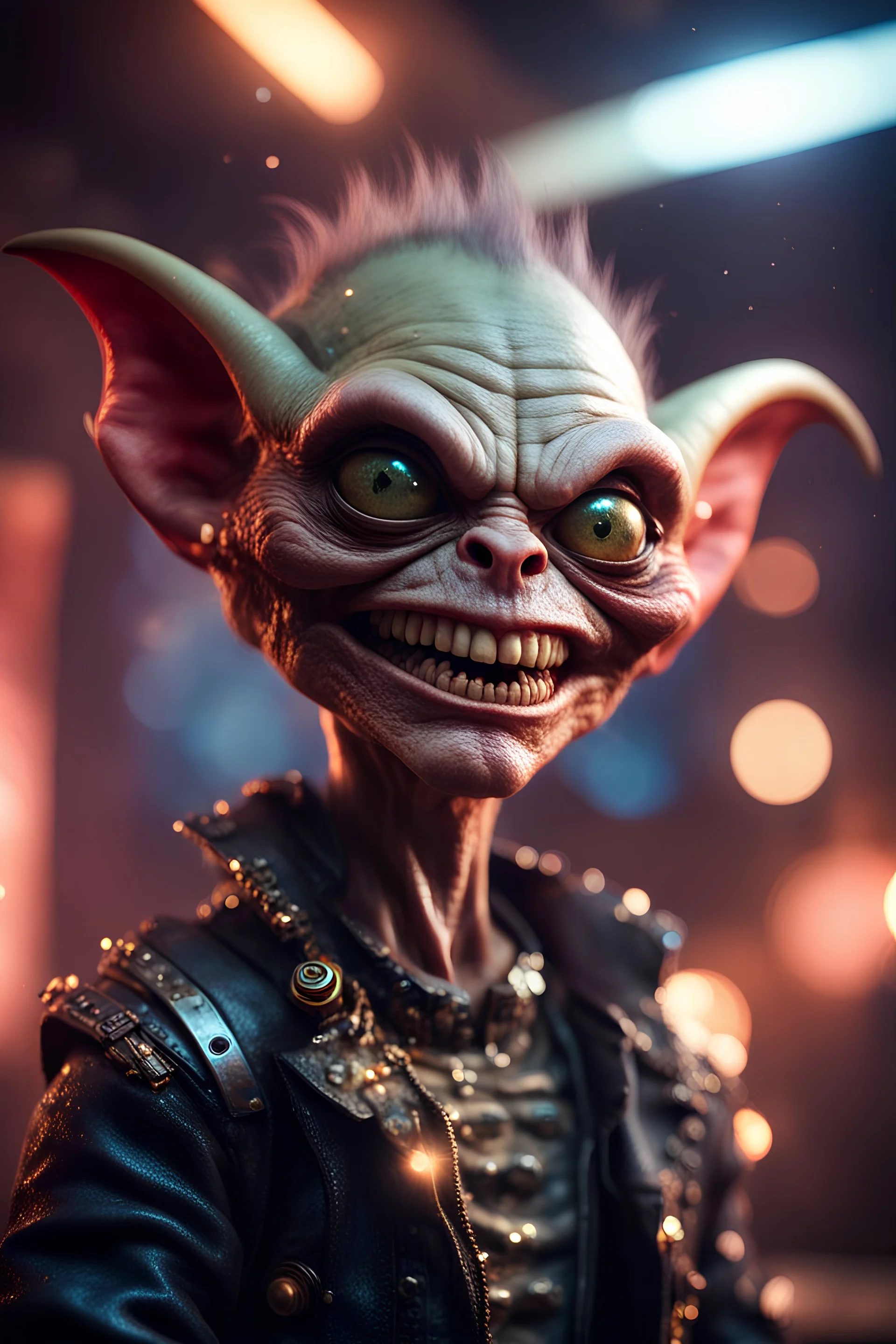 the most effective war paint, portrait of ultimate transcendent happy chat gremlin vampire alien jaws carpenter punk frown with spotlights, in front of space portal dimensional glittering device, bokeh like f/0.8, tilt-shift lens 8k, high detail, smooth render, down-light, unreal engine, prize winning