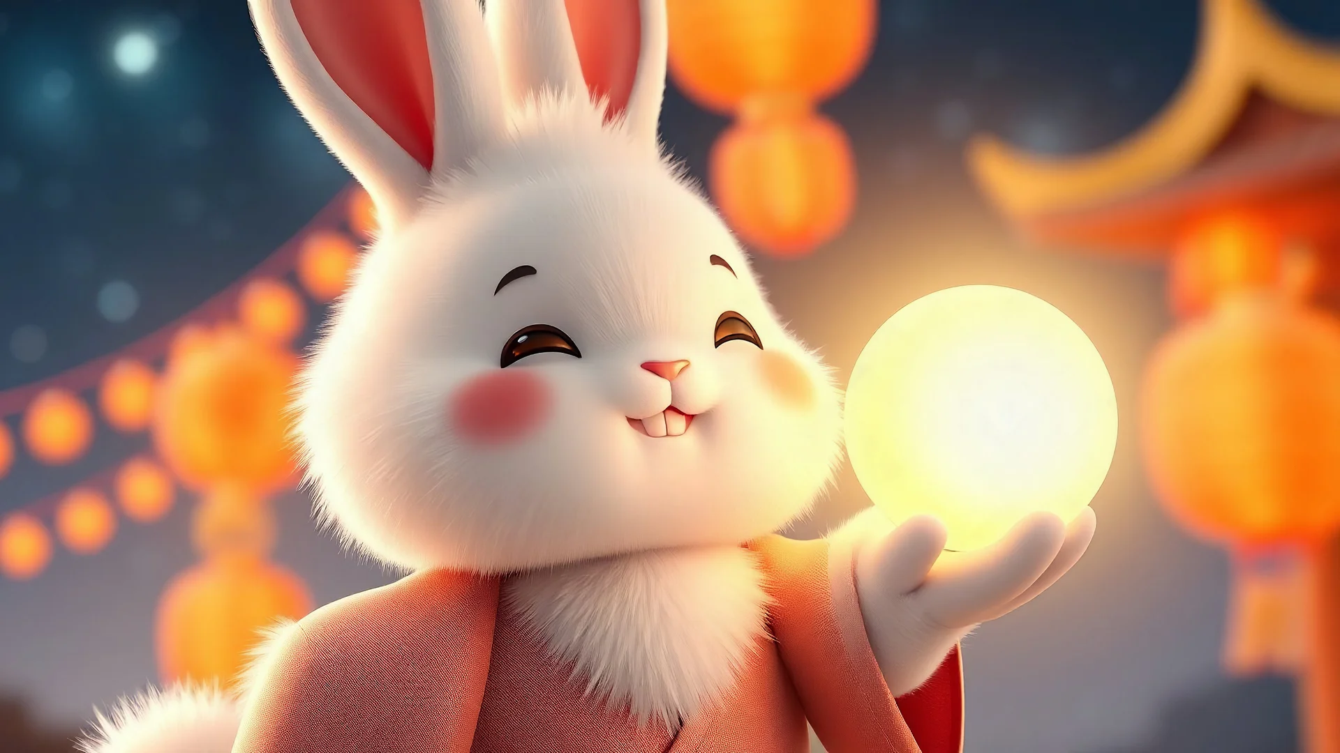 A lovely white rabbit wearing Hanfu, a fluffy white rabbit, holding a glowing ball, with a happy expression, set against a night sky background. The image style is simple and bright, with a straightforward color scheme, high-definition photography, 3D rendering, bright lighting, and warm tones. The style evokes thoughts of animated films, hyper-realistic portraits, and a sense of childhood innocence, resembling illustrations from children's books. The overall aesthetic is oshare kei.