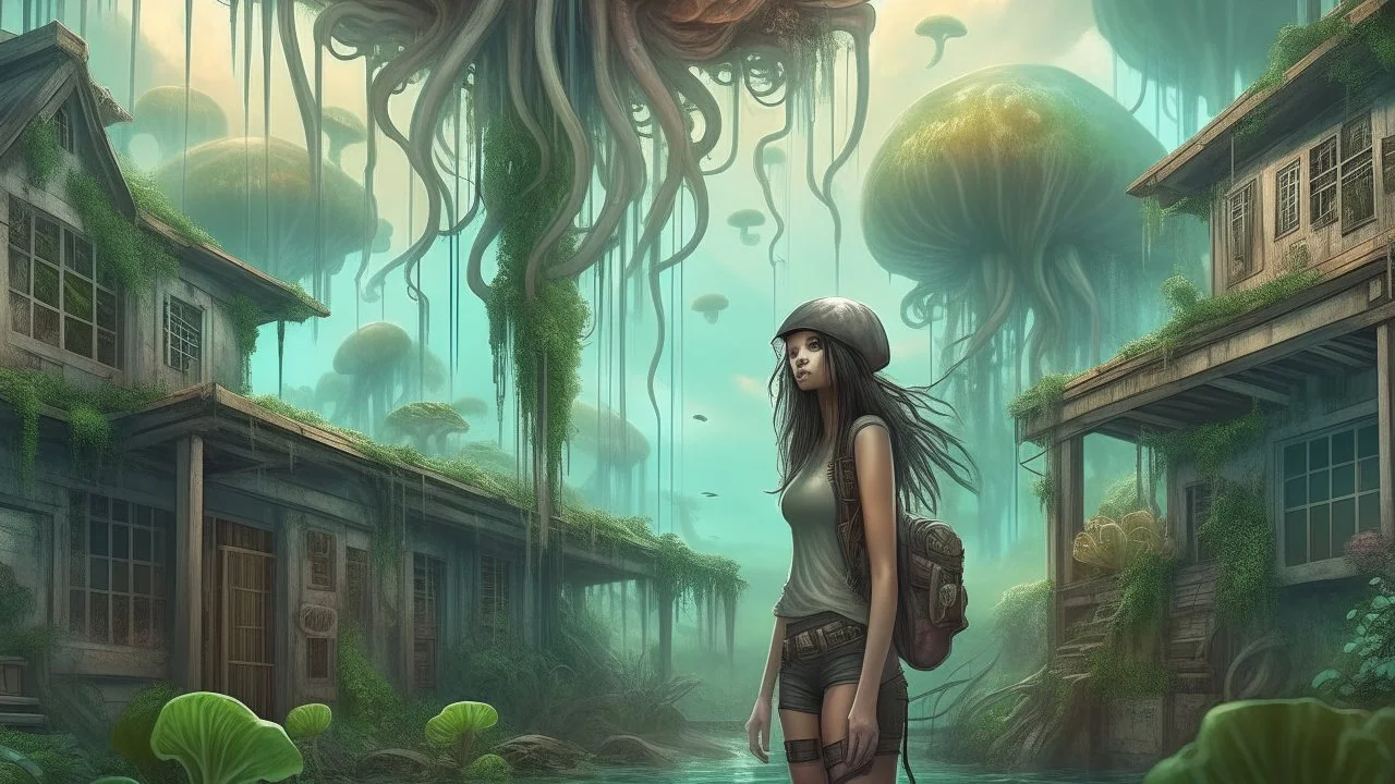 floating alien mushrooms with jellyfish tentacles, rampant foliage, vines, and Spanish moss, next to derelict buildings, a woman with black hair in a ponytail, camouflage trousers and jacket, photorealistic, Intricate Detail