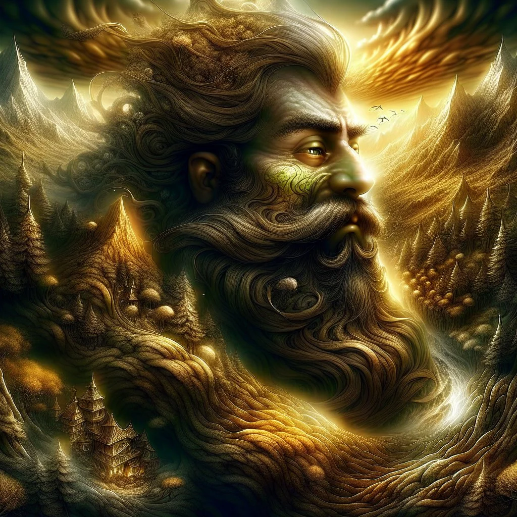 beard is morphing to a landscape, beard is forming to a landscape with focus on (whimsical village is coming out of the beard made of the beard's hair). Modifiers: digital painting dof fantasy intricate 8k oil on canvas masterpiece very attractive beautiful award winning fantastic view high definition crisp quality beautiful lighting dramatic surreal morbid mystical chiaroscuro earth tones symmetrical face no mistakes Dark tones Optical illusion Ray Caesar subtle colors dir