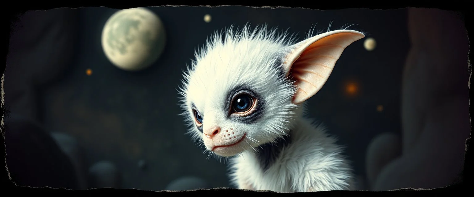 3d airbrush render, white fluffy panda elf alien dodo , pinhole cam, airbrush 3d rendering, in the style of Titian and Dali , torn edges on border