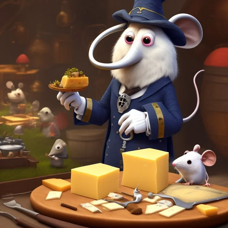 A Plague Doctor (AND) a Mouse having a port & cheese party while mushrooms grow beside them by Pixar and Dreamworks