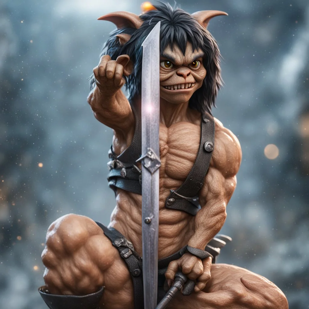 gremlin holding sword with vulcanic background,bokeh like f/0.8, tilt-shift lens 8k, high detail, smooth render, down-light, unreal engine,bokeh like f/0.8, tilt-shift lens 8k, high detail, smooth render, down-light, unreal engine