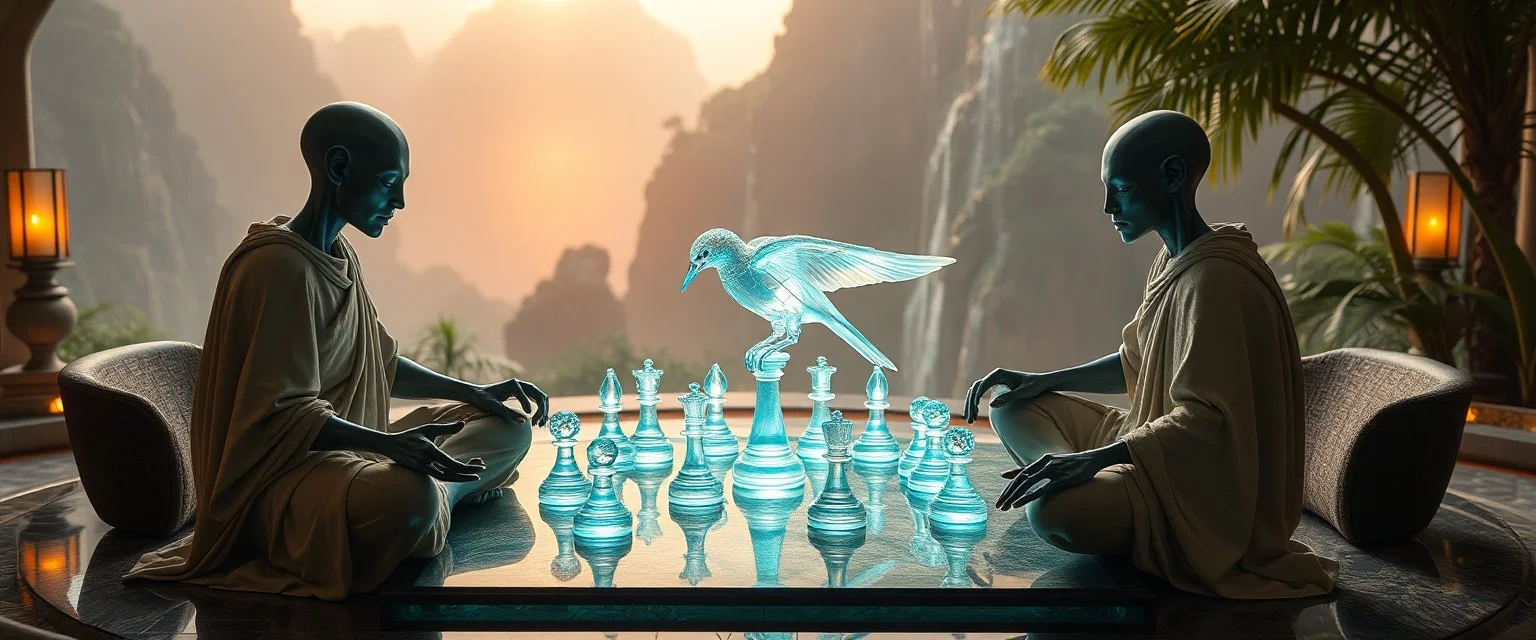 alien levitating yoga monk chess masters playing serious glowing chess on hex map in lounge on beautiful lush planet with huge transparent bird glass pieces in fountain