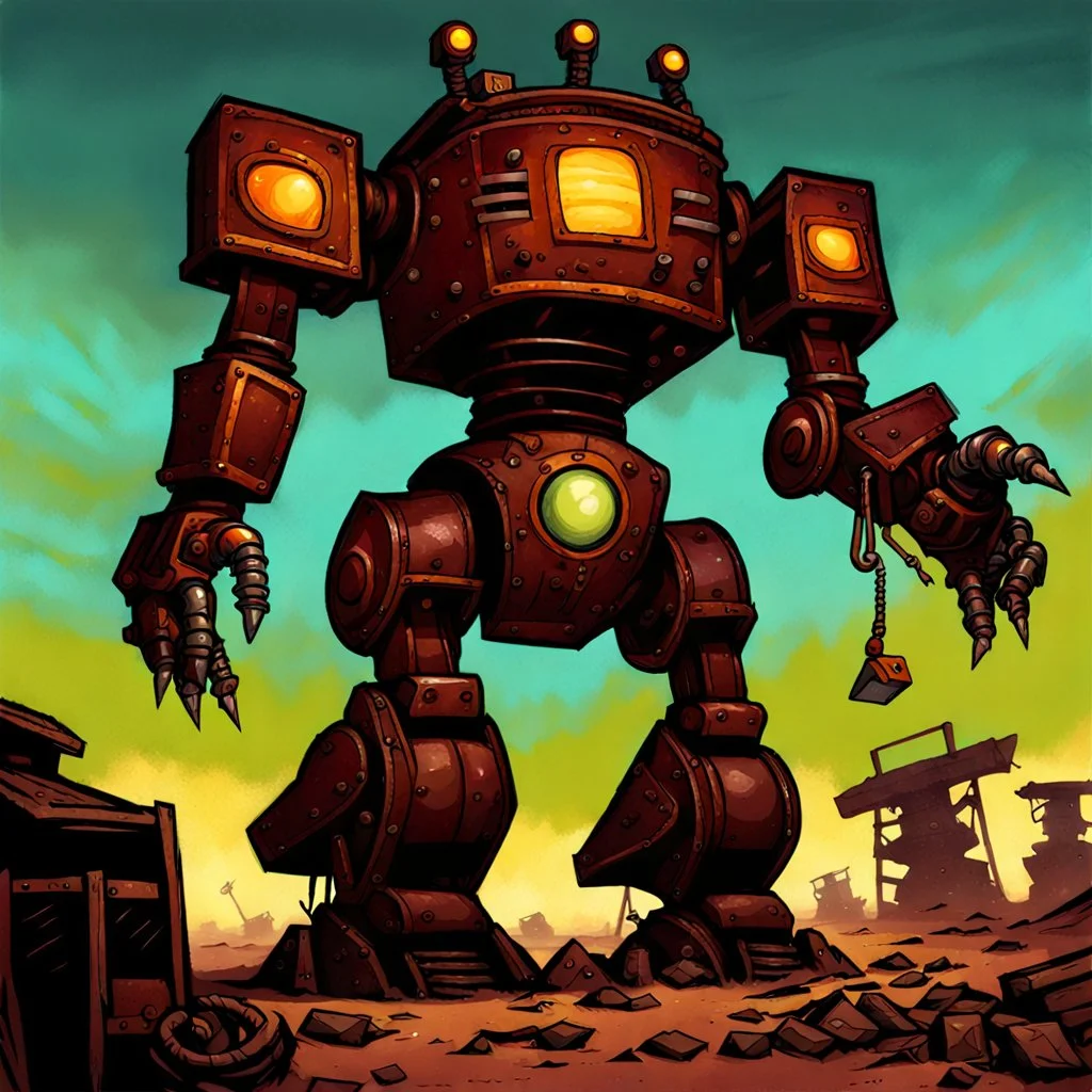 90's fantasy tcg art of a large junk robot in junkyard