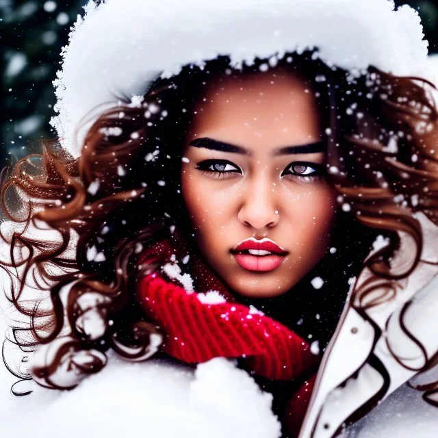 Crying girl, sad, expressive, emotive, frowning, furrowed eyebrows, pouting lips, African American, curly hair, looking out window, blizzard, snow, red sweater, delta sigma theta, drinking coffee