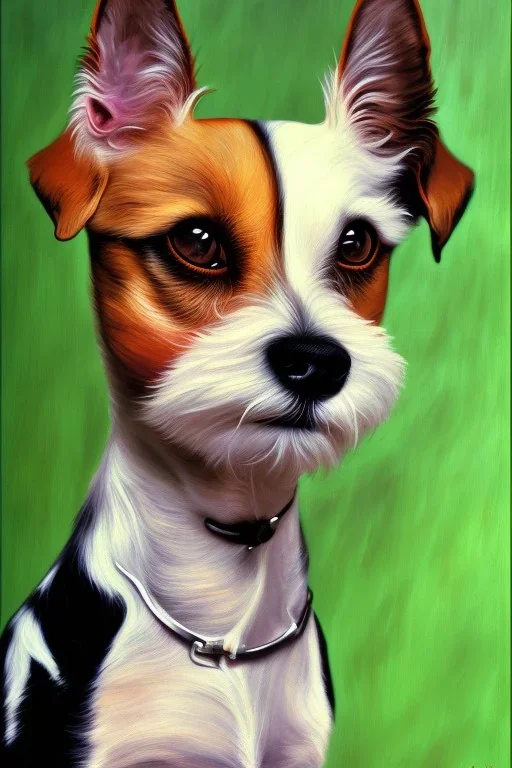 a painting of a jack russel dog, by lucian freud, textured, anatomically correct, beautiful perfect face, green eyes, sharp focus, highly detailed. desolate background. the royal tenenbaums