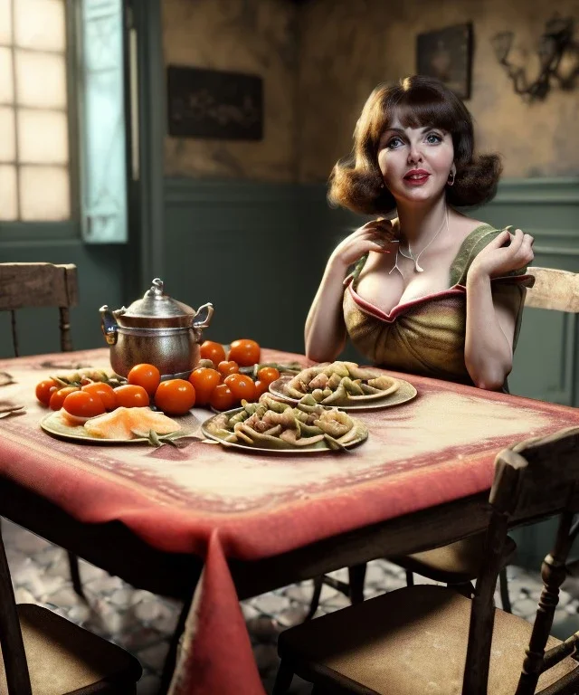 Ultra realistic photographic portrait, happy young Gina Lollobrigida woman sitting with arms resting on Italian kitchen table, big ravioli dish, tomatoes, olive oil, renaissance style decoration, soft color, highly detailed, unreal engine 5, ray tracing, RTX, lumen lighting, ultra detail, volumetric lighting, high definition.