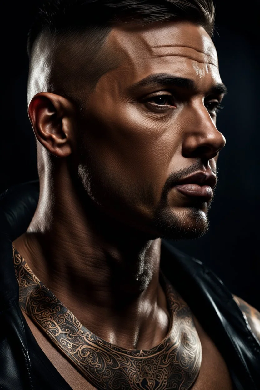 portrait of a 35 year old Handsome muscular male with light bronze skin adorned with tattoos. short hair. neatly trimmed beard. Dark fantasy. photorealistic