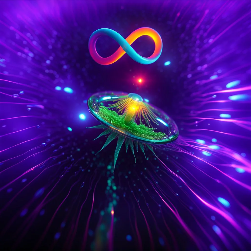 infinity symbol ∞ with vibrant single plankton in water, striking, neon, chiaroscuro, dramatic, captivating, powerful, fantasy, beautiful, octane render, 16k post-production, artstation: award-winning: atmospheric: commanding: fantastical: clarity: ultra quality: striking: brilliance: stunning colors: amazing depth; lens: f/11, 35mm