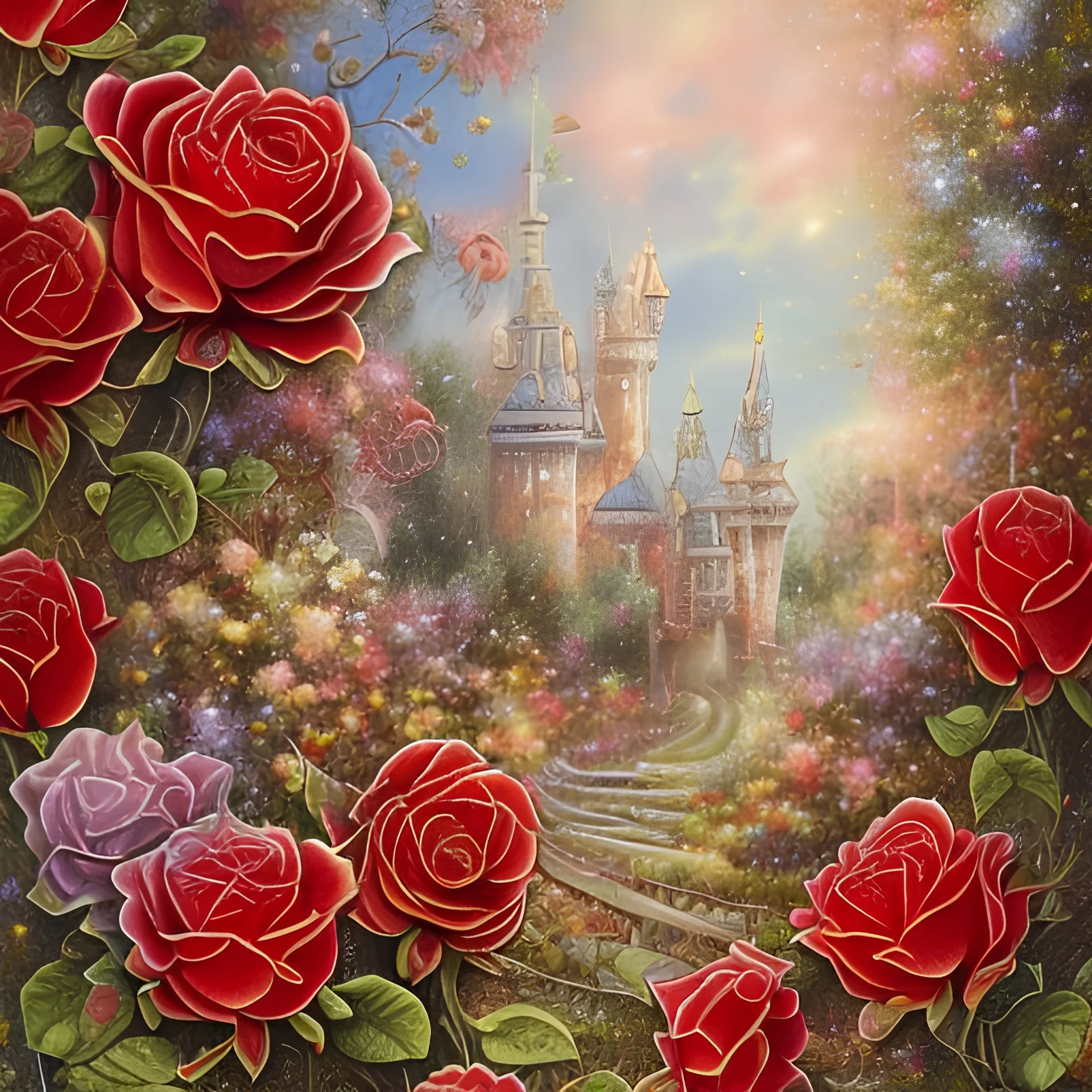 Beautiful alcohol ink, to make comical Vintage Valentines Day card in cream, red and sparkling hearts. Include words Valentine’s Greetings. include a young couple, cupids and glorious garden dreamlike scenery.