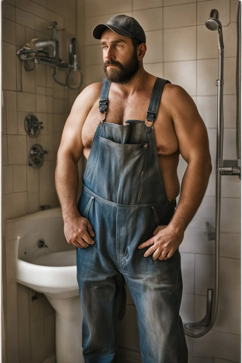 full figure photo, two burly big chubby sicilian plumber, dirty, ripped overalls, 33 years old, crossed arms, shaved, short beard, manly chest, very virile, hairy, manly arms, ugly, big thighs, under the shower, sunlight , photorealistic, 35mm lens, ultra detailed