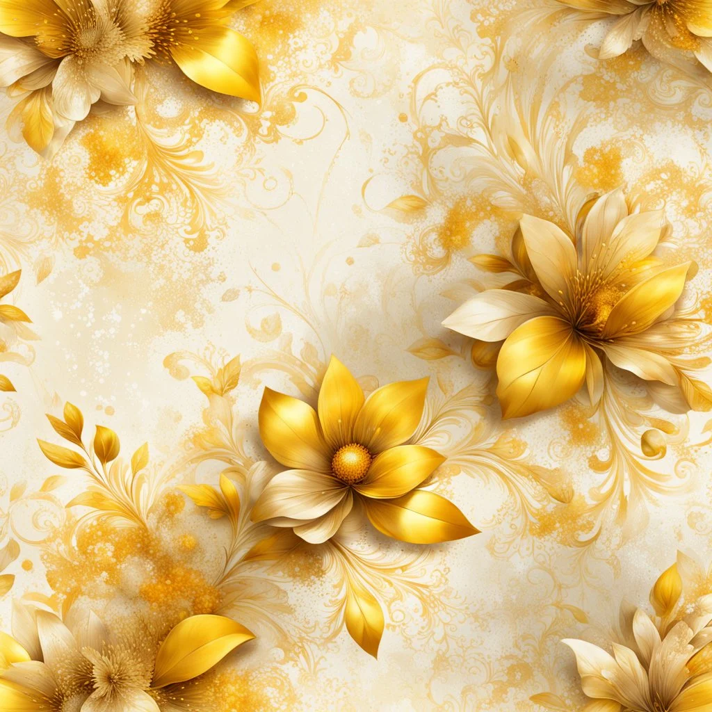 Hyper Realistic Yellow & Beige Abstract-Floral-Patterns With Glowing Golden Embers On Off-White Grungy Background.