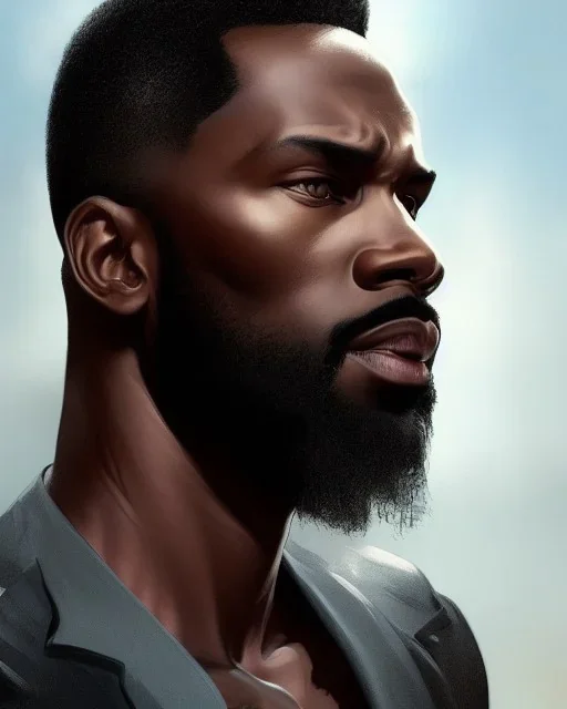 "MIddle aged black human male, with a trimmed but uneven beard, piercing eyes with slick back hair, full-scale head and shoulders portrait, 8k resolution concept art portrait by Greg Rutkowski, Artgerm, WLOP, Alphonse Mucha dynamic lighting hyperdetailed intricately detailed Splash art trending on Artstation triadic colors Unreal Engine 5 volumetric lighting Splash art fantasy"