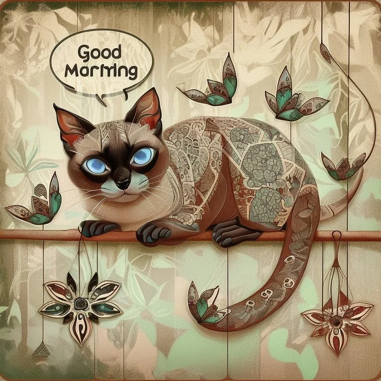 Siamese cat with blue eyes, adorned with intricate patterns and stylized buildings paints, hangs precariously from a floral-patterned board, against a mottled gray-green background. It looks directly at the viewer while a speech bubble above its head states "Good Morning". Three stylized birds in various colors and patterns stand on the branch and board above and below the cat, whimsical, expressionist painting, diswashed, Aging effects, Ogata Kōrin style.