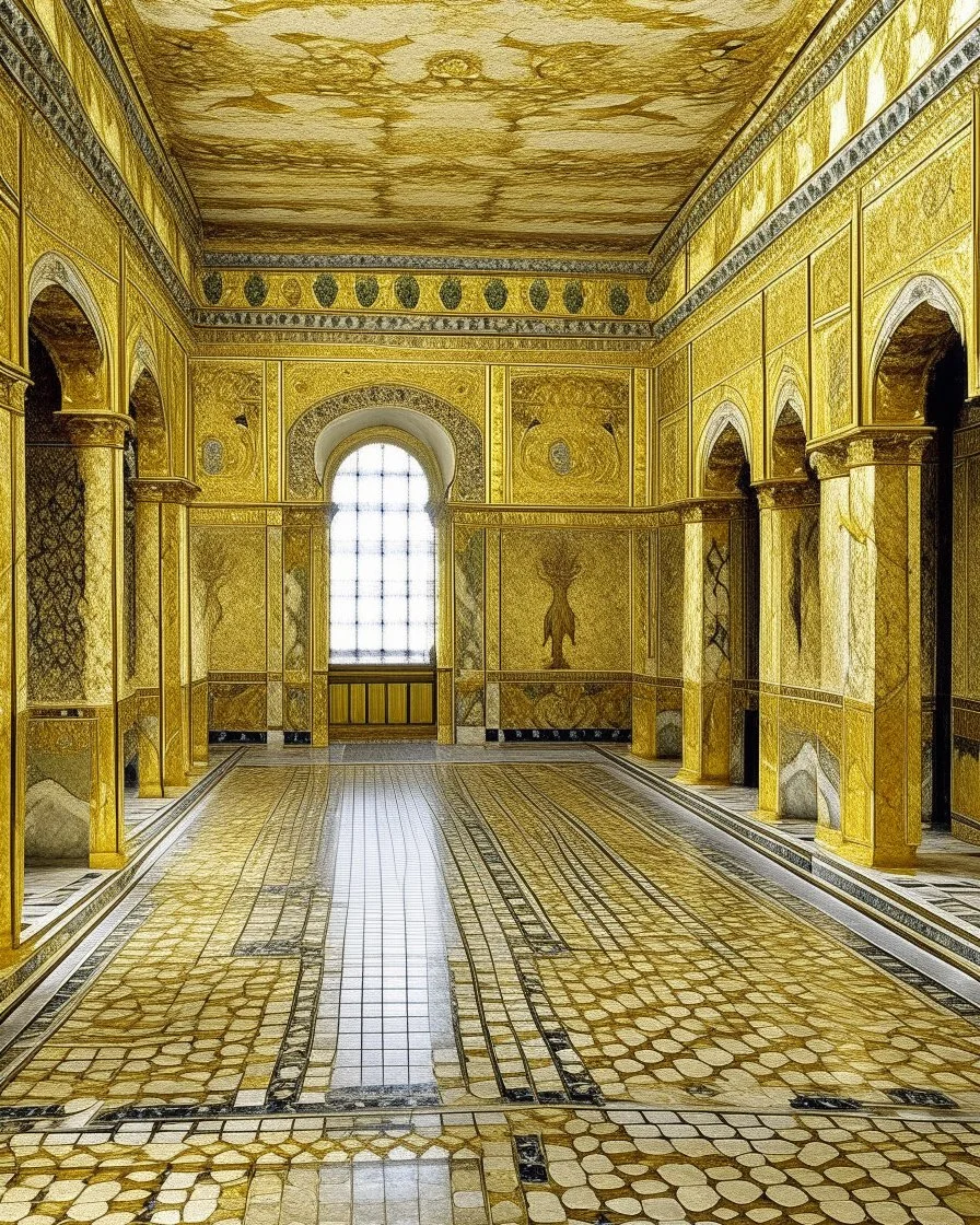 A pale yellow palace covered in gold designed in ancient Roman mosaics painted by Jackson Pollock