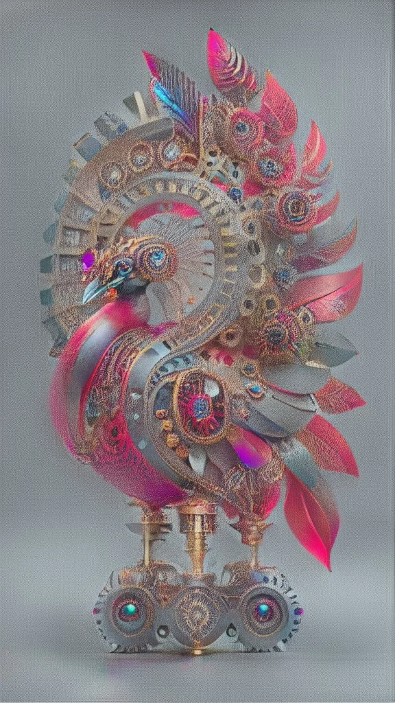 huge red gold black peacock, with clockwork gear on its back, symmetric, mandala, hyper realistic, futuristic, unreal engine5, octane render, 3D rendering, white background, digital art, in the style of Android Jones, mechanism, engine parts, vivid colours, side light, 16k