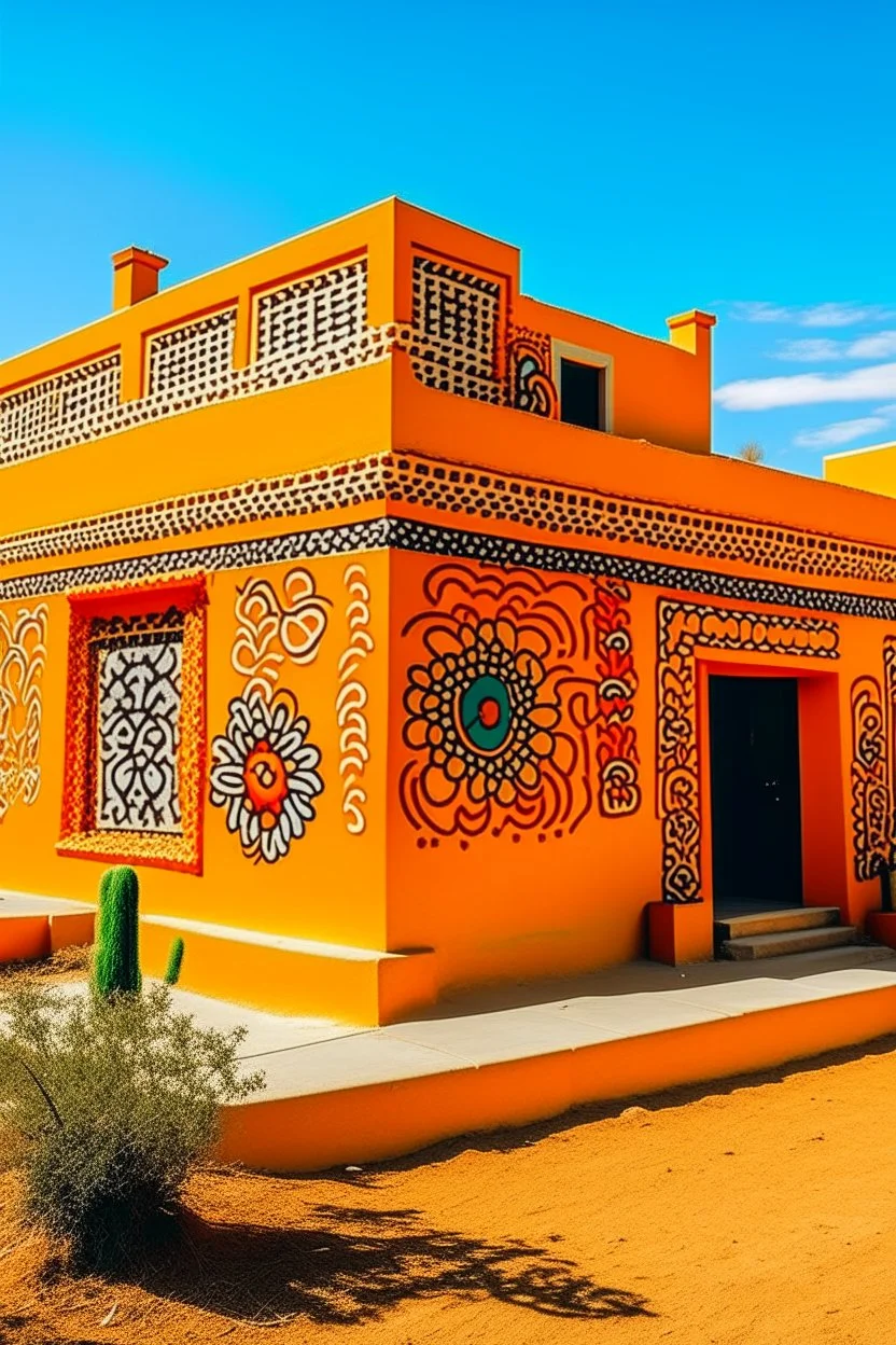 An orange colored desert palace with daisies painted by Keith Haring