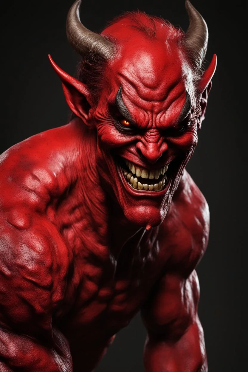 Realistic malevolent smiling devil leaning forward at an angle, posed as if over a person's shoulder, red skin, horror style, no other person.
