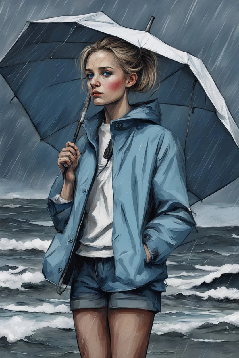 Standing in the grey-north sea with white clothes. Girl with a bun. Rains heavily. You see her face, blues eyes and blond hair. She holds and umberella. Pop-art. Umberella is petrol blue. You see her whole body. The rain paints her jacket blue. The rain under the umbrella is actual blue paint. Paint stains on clothes. You see her whole body standing in the sea.