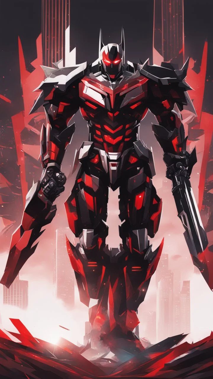 A close picture to Mix between machine and batman in transformers cyborg with black metal and red armor in solo leveling shadow art style with red details detailsis in fantasy world