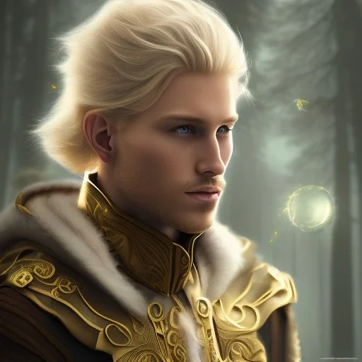 Male, Human, Blond, Sorcerer, Golden Eyes, Young, Photorealism, Full Body Shot, Forest Background