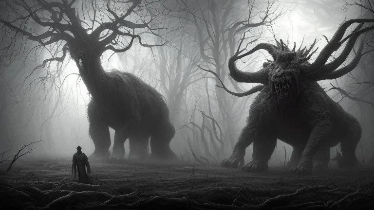 The described image presents an extremely horrifying scene with grayscale colors dominating the picture, creating a dark and eerie atmosphere. In this context, there is a massive, monstrous creature positioned prominently in the foreground of the image. This monster appears to be mythical and intensely frightening, characterized by its terrifying features and its colossal, imposing body that exudes immense power. When one looks at this monster, its face and eyes exhibit horrifying details, seem