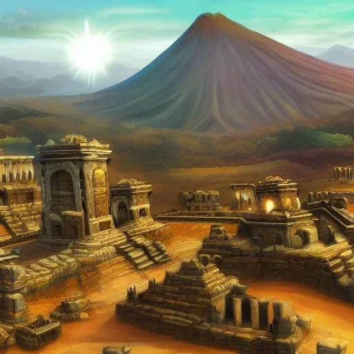 Ancient city in volcano hyper detailed, fe,fantasy art