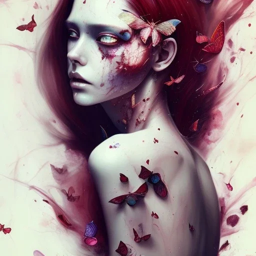 darkred tones,vwatercolor illustration by <agnes cecile> butterflies everywhere, skulls, latex suit, highly detailed,