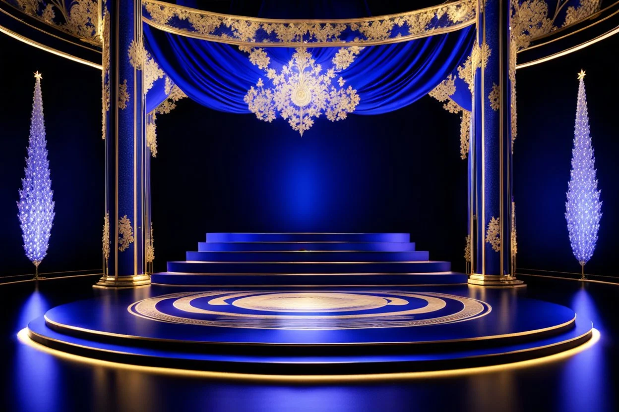 image of a Royal stage with 3d fractal base decoration with large dance area in dark blue teme