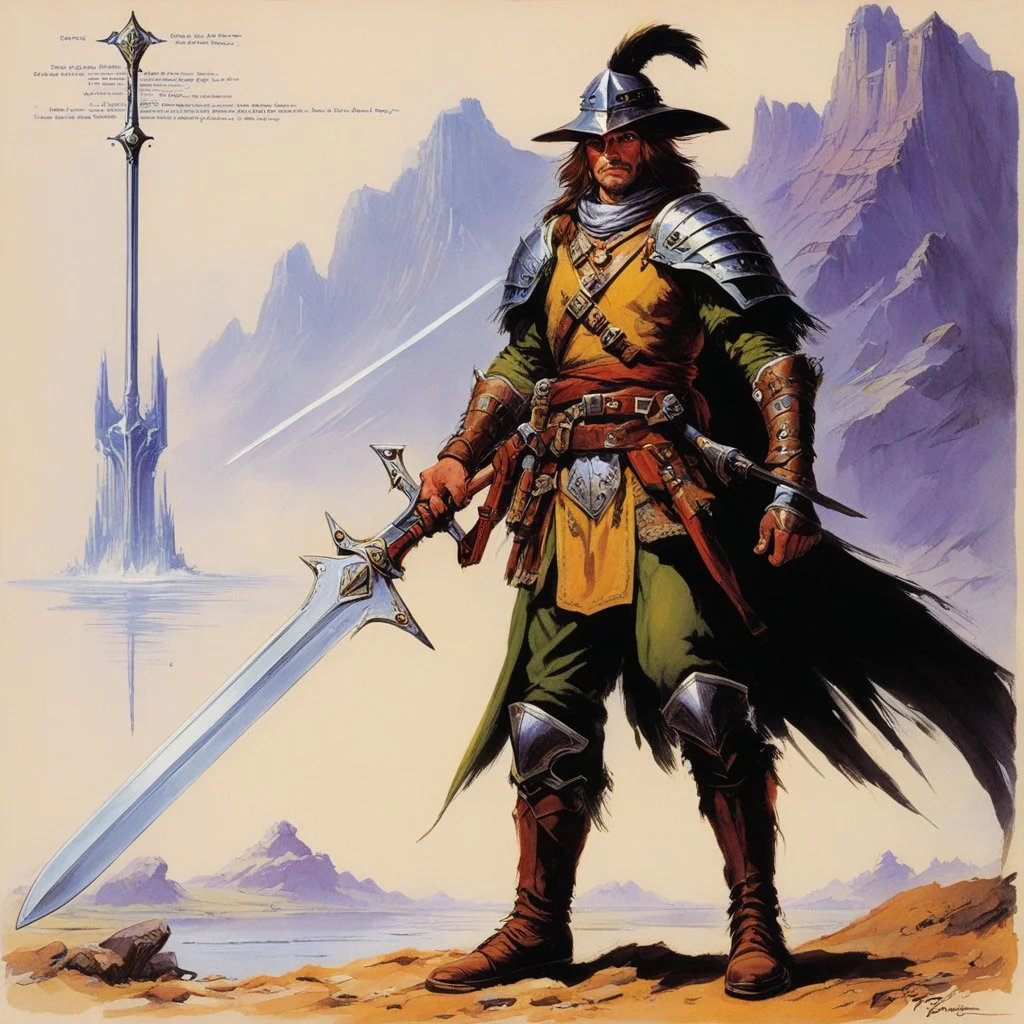 ConceptSheet [by Bruce Pennington]: ranger and his broad sword with AD&D statistics