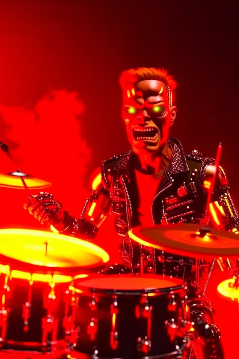 4k realistic terminator surrounded by flames playing hardrock drums