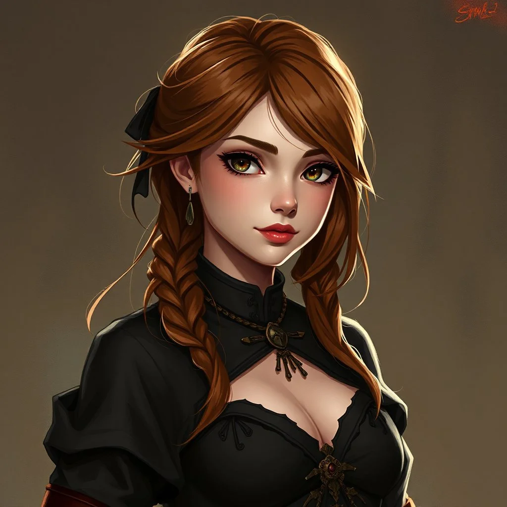 pretty girl, conventionally attractive, dark clothes, tight top, medieval, sorcerer, hazel hair, digital art