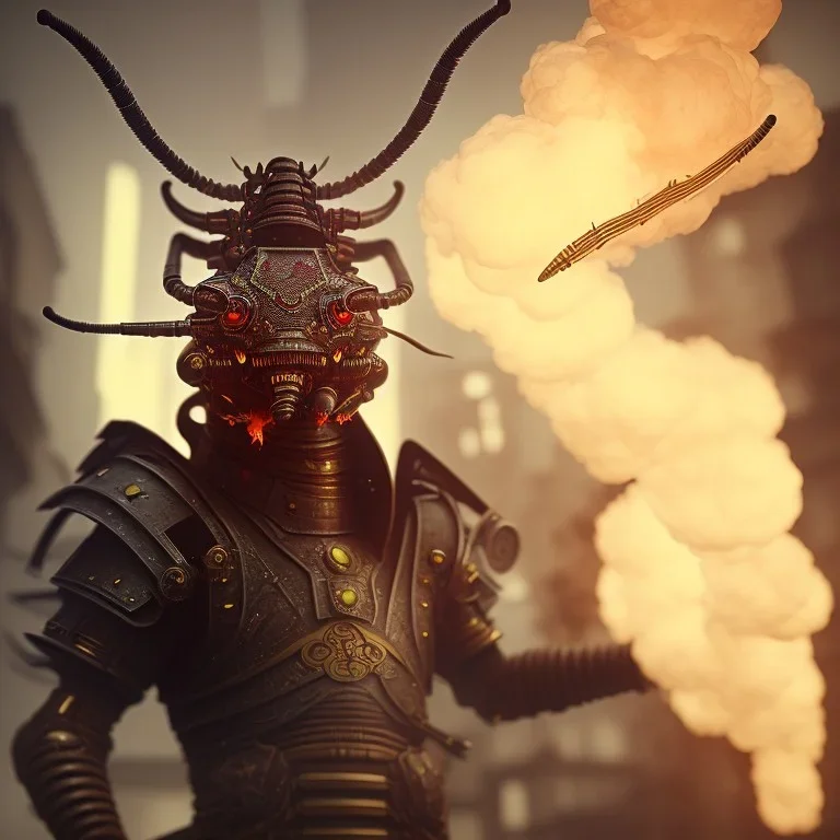 close-up of a horror insect with samurai armor produces smoke in a low-light city street with laterns, realistic, steampunk, 3d-art, futuristic, minimal design, unreal engine