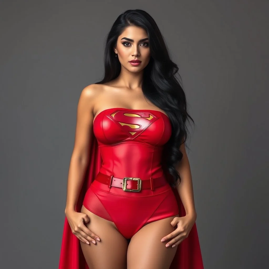 super pretty woman, black long haired, big bubs, good body, dressed with a mini red siut super hero,