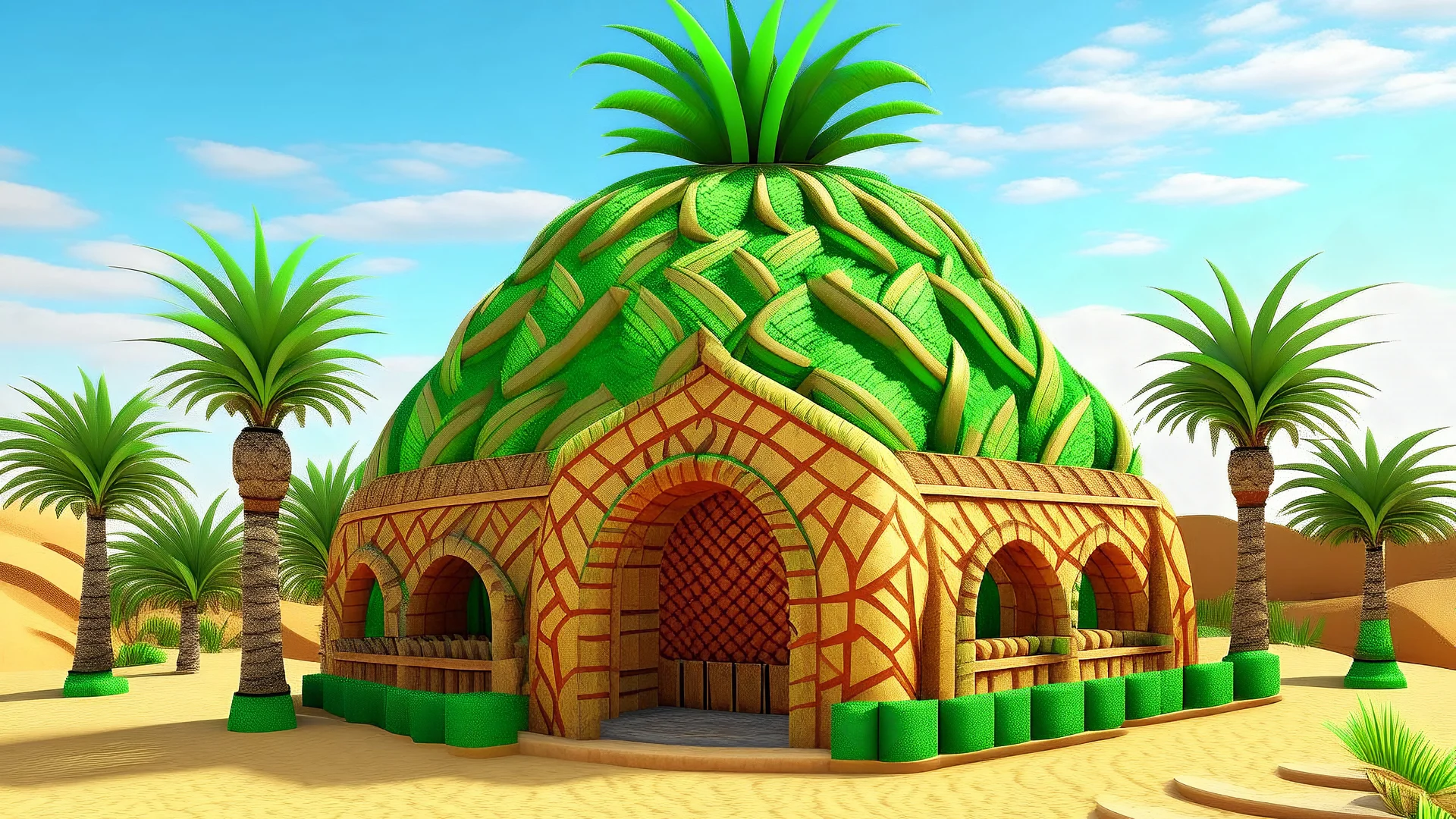 The image shows a large, pineapple-shaped structure with a textured exterior and a green, leafy top, situated on a sandy landscape that looks like a desert or beach. The pineapple structure has a double door with intricate patterns and windows, making it look like an entrance to a whimsical building. In front of the pineapple building, there’s an inflatable ring with red and white stripes resting on the sand. A small table with a blue beverage sits beside the inflatable ring. There are several s