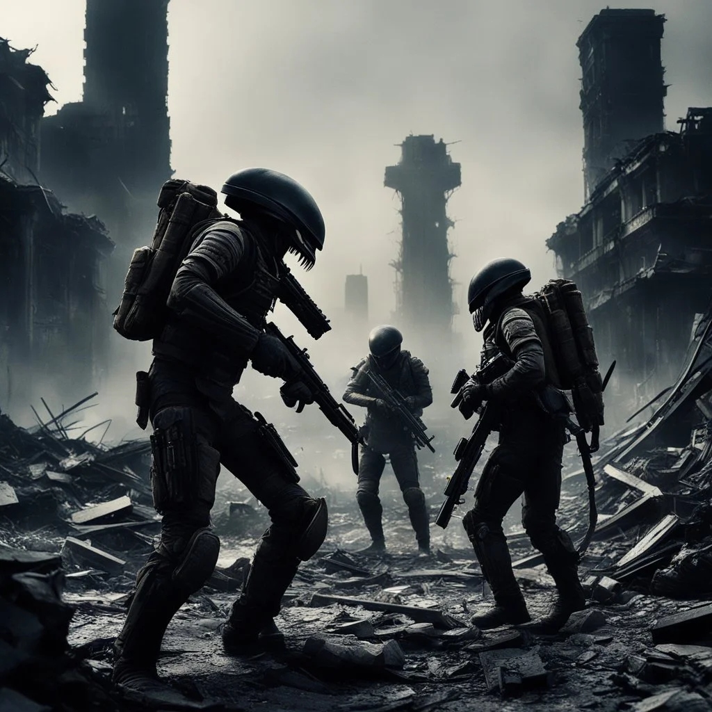 a bloody xenomorph [vintage style noisy scratches glitches, Shot the texture and then rewound the film and double exposed] In the midst of the destroyed city under the bombs, the two US Marine soldiers move with precision in tight formation across the ruins, while the alien xenomorphs lurk in the darkness. Their eyes scanning the shadows as they sought to avoid being surprised by the deadly foes that could strike at any moment.