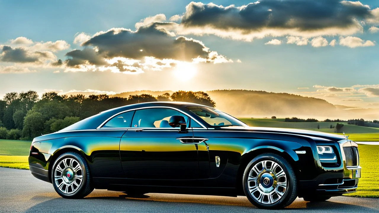A sleek (((a fusion of challenger and rolls royce))), its glossy shell reflecting the (((bright sun))), cutting through a (((clear bright blue morning sky)))