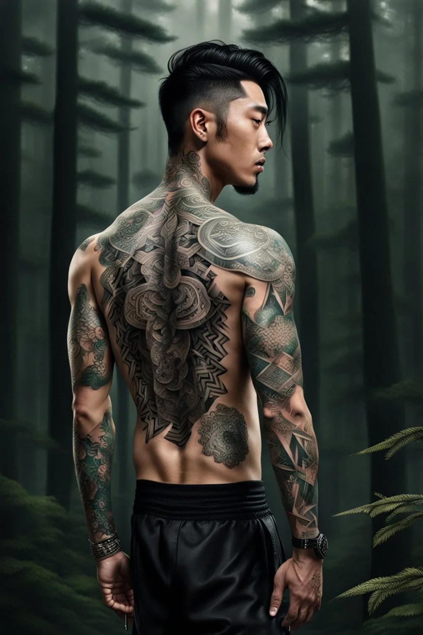 tattooed korean man, nice profile, attraktive handsome, medium long black hair, hot body, his body with geometric tattoos, deep dark colors, blur random forest background, highly detailed, modern vibe, photorealism
