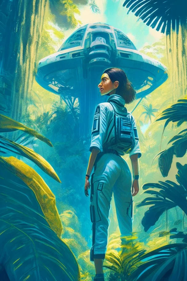 woman wearing a boiler suit, standing under a spaceship, in a jungle clearing, with a blue sky