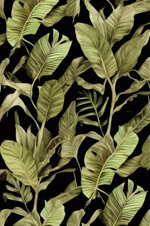 exotic tropical print with beautiful and elegant elements perfect for a range of end products from fabrics, fashion, home decor to paper and wallpapers : : black background, art nouveau, trending on artstation