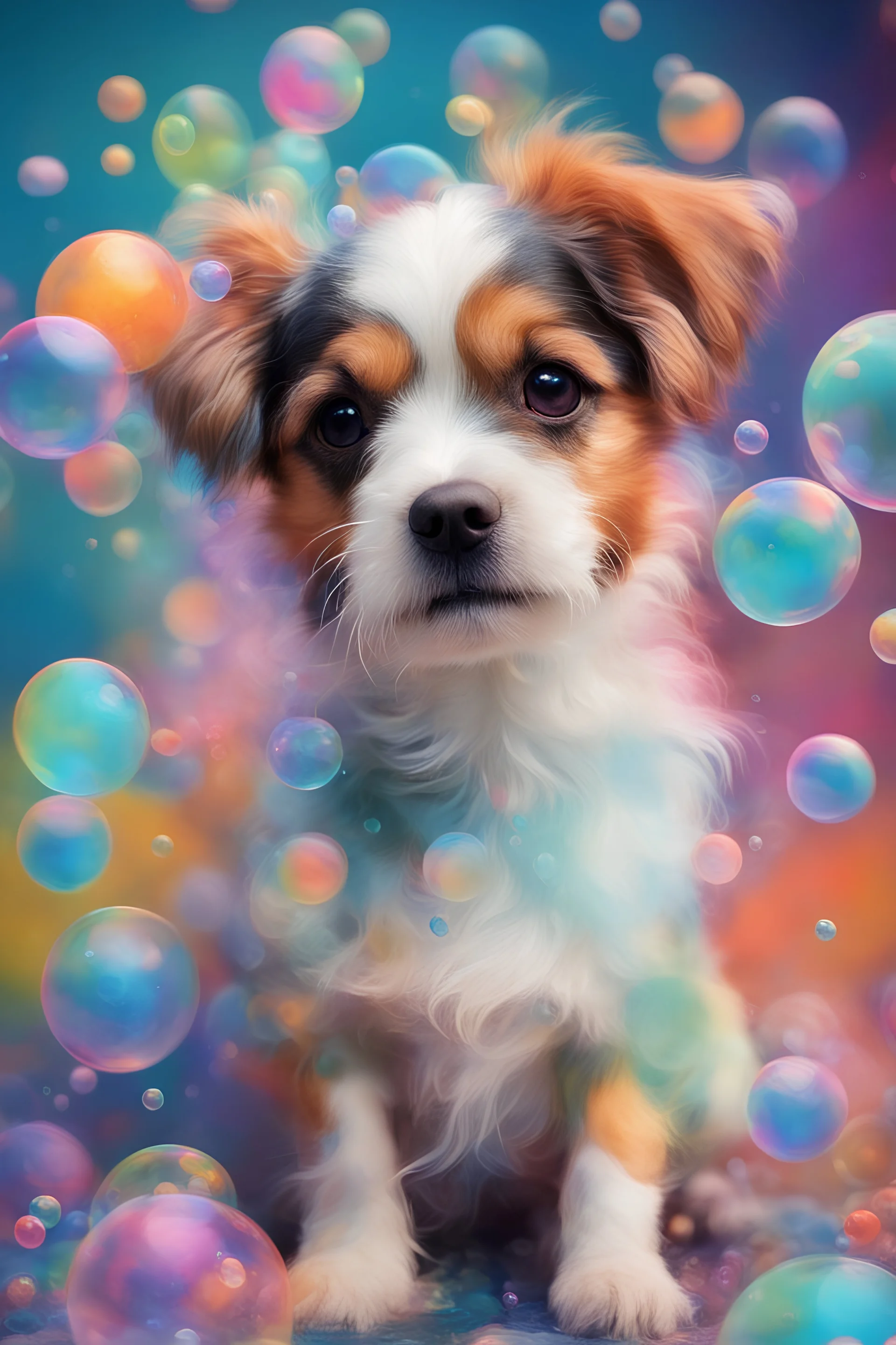 cute dog in a world of bubbles, colorful, painterly, like a painting