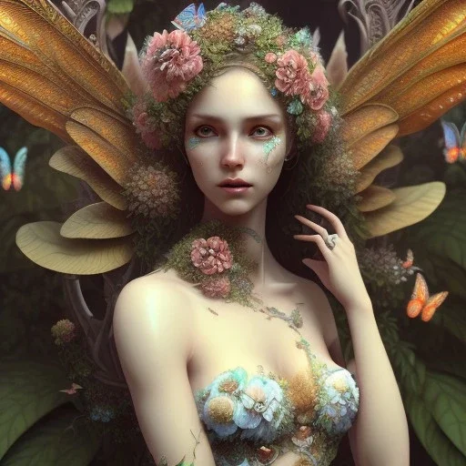 perfect woman, plant metal, feathers, Dryad, butterflies, nature, plants, flower background, face paint, intricate, oil on canvas, masterpiece, expert, insanely detailed, 4k resolution, cinematic smooth, intricate detail, soft smooth lighting, rembrandt style