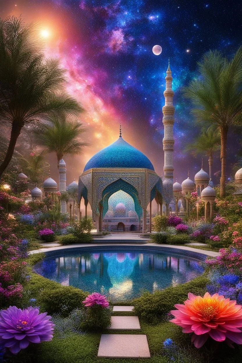 a islamic beautiful fairy garden, islamic mosque emerges, radiating vibrant luminescent hues against amazing magic cosmos. Its otherworldly form is a bright iridescent colours, that shimmer like precious gems and intricate patterns that seem to dance with life. The image captures every intricate detail of this vivacious picture, showcasing its celestial beauty in stunning high-definition