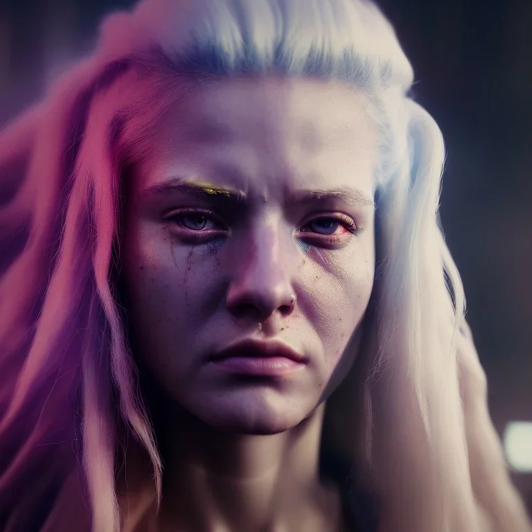 a moody close-up portrait of beautiful female warrior with long white hair in a cyberpunk city, volumetric lighting, particals, intricate detail,realistic, 8k