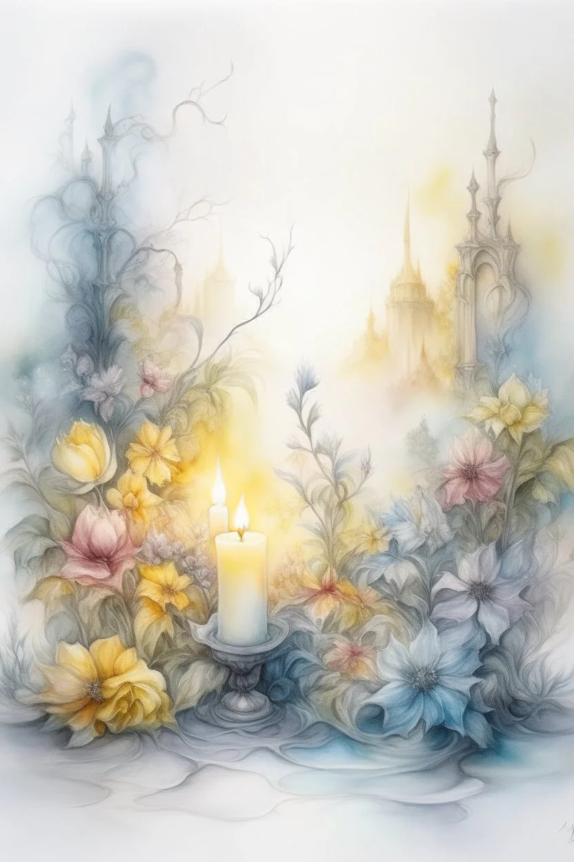 magic Watercolor, color, flowers, candles, purification from ghosts, subtle black ink drawing, several landscapes, collage, fog, many details,delicate sensuality, realistic, high quality,3d, work of art, hyperdetalization, professionally, filigree, hazy haze, hyperrealism, professionally, transparent, delicate pastel tones, backlight from behind, contrast, fantastic, fabulous, unreal, translucent, glowing,clear lines, horror,epic, hyperrealism.