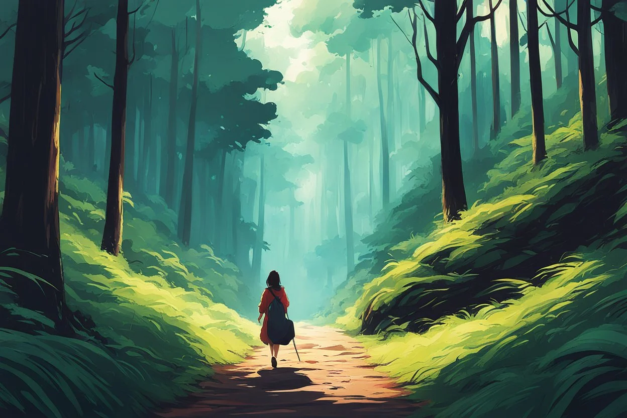 a lone woman trekking through the forest , art in the style of spirited away