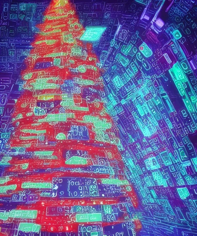 Painting of matrix code Christmas tree inside futuristic cyberpunk space ship